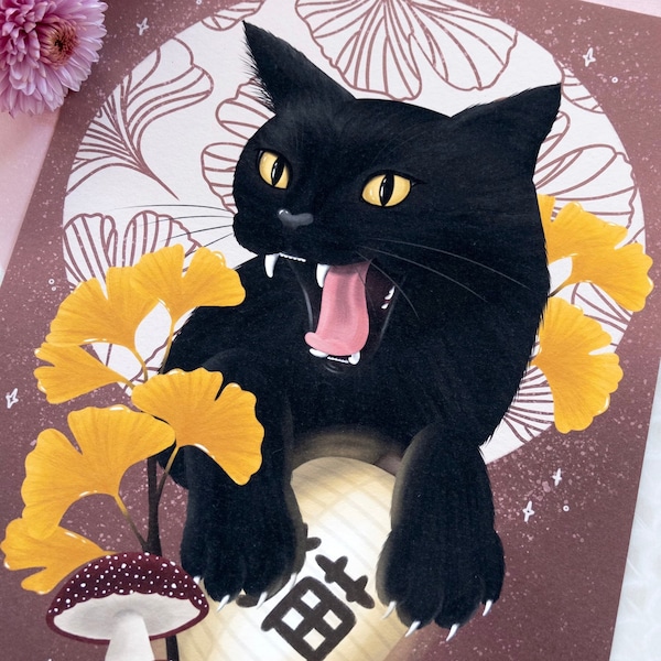 Ichō Neko - A4 Kunstdruck - Schwarze Katze - Ginko - Fliegenpilze - Japanlaterne