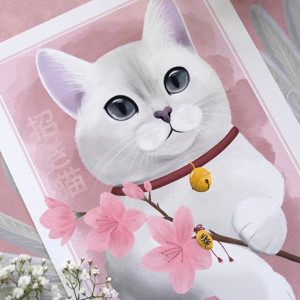 Maneki Neko - A4 Kunstdruck - Kirschblüten - weiße Katze - Winkekatze