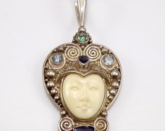 Sajen 2 3/4 Carved Moon Goddess Face Sterling Silver Multi Gemstone Pendant LNB2