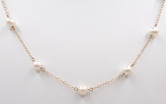10K Yellow Gold 6mm Pearl Station Chain Necklace … - image 3