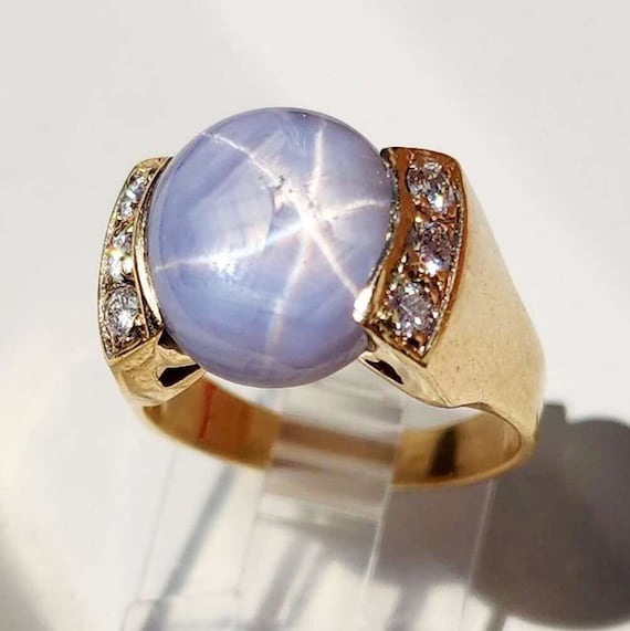 14K Yellow Gold Natural Blue Gray Star Sapphire &… - image 1