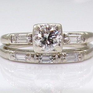 Vtg 14K White Gold Diamond Engagement Wedding Band Ring Set Size 4.5 LMA2