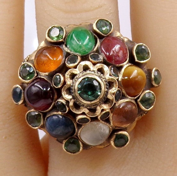 VTG 14K Yellow Gold Thai Princess Multi Color Gem… - image 1