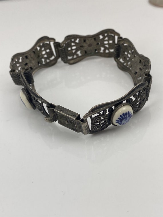 Vintage Filigree Delft Flow Blue Bracelet With Whi