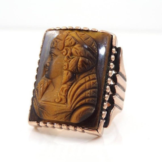 Vintage Cameo Carved Tigers Eye Silhouette 10K Ros