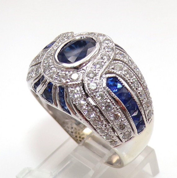 Natural Blue Sapphire & 1ctw Diamond Halo Dome 18… - image 4