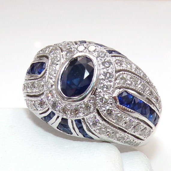 Natural Blue Sapphire & 1ctw Diamond Halo Dome 18… - image 1
