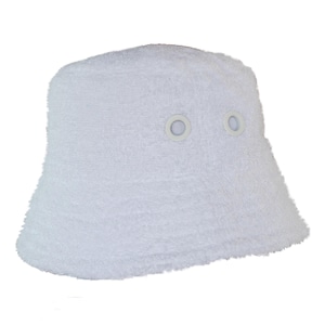 May include: A white terry cloth bucket hat with two eyelets on the side. The hat has a soft, textured appearance and a classic bucket hat shape. This hat is perfect for sun protection and casual wear.