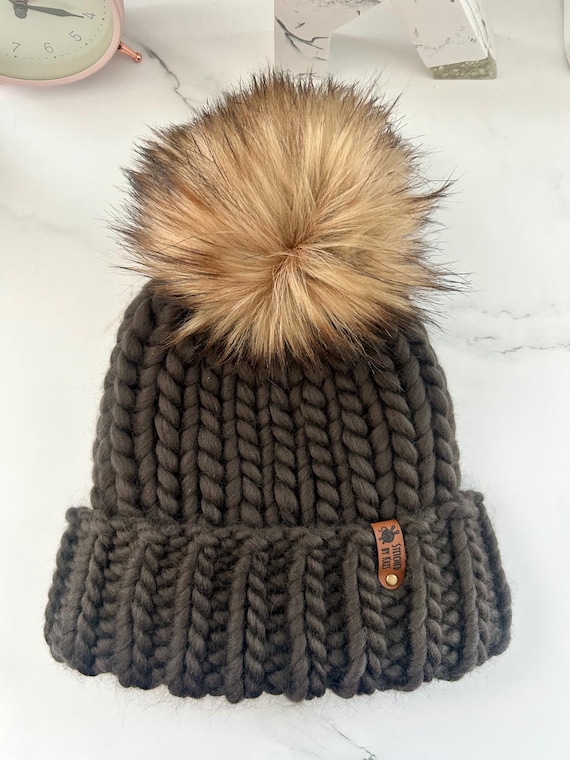 Women’s Luxury Hand Knit Dark Brown/Charcoal Winter/Fall fashionable beanie  hat with faux fur Pom Pom