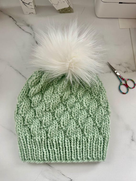 Mint Green Knit Pom-Pom Beanie Snow Bunny Pom Hat | Mint – Pigment main image 4