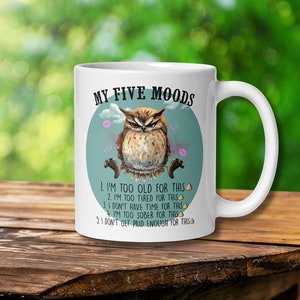 Mug hibou drôle, Mug hibou My Five Moods, cadeau pour les amateurs de hibou, cadeau unique hibou, cadeau pour les amateurs de café, tasse drôle, tasse à café drôle, cadeau drôle