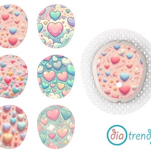 May include: Set of 6 colourful heart-shaped stickers with a pastel pink, blue, and yellow colour scheme. The stickers feature a variety of heart designs, including hearts with clouds, stars, and polka dots. The stickers are designed for use on medical devices, such as insulin pumps and continuous glucose monitors. The stickers are made by Dia Trendy.