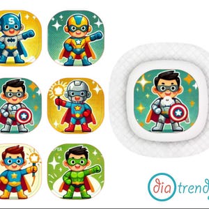 Può includere: Set di otto cerotti adesivi a tema supereroi. Ogni cerotto presenta un diverso personaggio di supereroe con un costume giallo, rosso o blu. I cerotti sono progettati per i bambini e presentano un design divertente e giocoso.