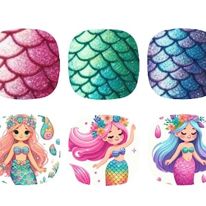 Puede incluir: Seis imágenes digitales con diseños de sirenas. Tres imágenes muestran escamas de sirena en rosa, verde y azul. Las otras tres imágenes muestran sirenas de dibujos animados con cabello rosa, azul y verde.