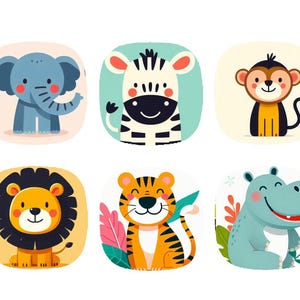 Può includere: Sei illustrazioni colorate di diversi animali, ciascuna in un cerchio con sfondo bianco. Gli animali sono un elefante, una zebra, una scimmia, un leone, una tigre e un ippopotamo.