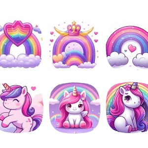 Op de afbeelding: Zes kleurrijke digitale illustraties met regenbogen en eenhoorns. De regenbogen zijn in tinten roze, paars, blauw, groen en geel. De eenhoorns zijn wit met roze en paarse manen en staarten. De eenhoorns hebben hun ogen dicht en glimlachen.