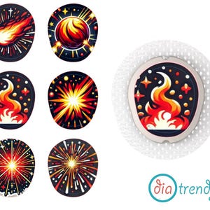 May include: Eight different colourful designs for a diabetes patch. The designs feature a variety of fireworks and flames on a black background.