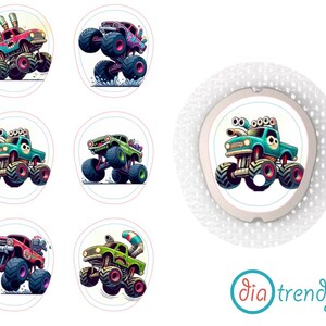 May include: Six colourful monster truck designs for a diabetes monitor. The designs feature different coloured trucks with various details, including flames, skulls, and tyre treads.