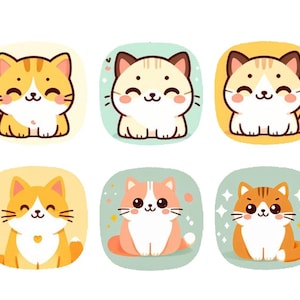 Può includere: Sei illustrazioni di gatti cartoon con pelliccia di diversi colori ed espressioni facciali. Ogni gatto è seduto su uno sfondo colorato con un contorno bianco.