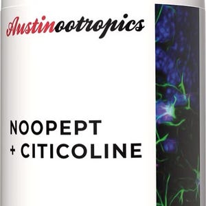 May include: A white supplement bottle with a white lid. The label reads "Austinootropics" in red script, and "NOOPEPT + CITICOLINE" in bold black letters. It also states "Daily Nootropic for Mental Performance & Cognitive Abilities". Contains 100 vegetarian capsules.