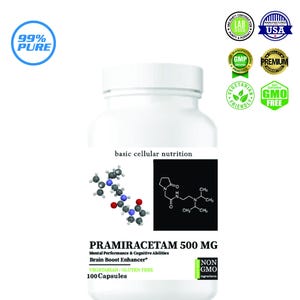 Puede incluir: Un frasco de plástico blanco de cápsulas de Pramiracetam 500 mg con 100 cápsulas en total. La etiqueta muestra el texto Basic Cellular Nutrition, un diagrama de estructura molecular y varios sellos de certificación como 99% Pure y Non-GMO.