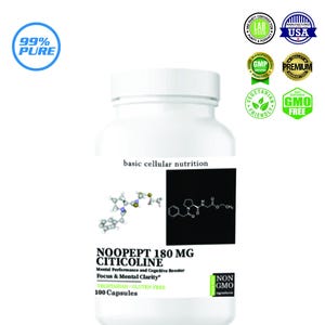 Peut inclure: Un flacon en plastique blanc de compléments Basic Cellular Nutrition contenant 100 gélules. L'étiquette présente le texte Noopept 180 mg Citicoline, des diagrammes de structures chimiques et plusieurs icônes de certification, dont 99% Pure et Non-GMO.