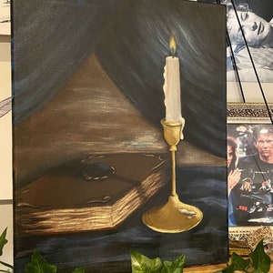 Witchy Aesthetic Candle and Book Still Life Original Painting