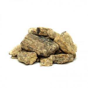 May include: A pile of petrified wood pieces in varying sizes and shapes. The wood has a mix of light brown, tan, and dark brown tones, with visible grain and texture. The pieces are arranged on a white background.