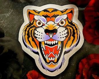 Custom Drawn Traditional Tattoo Style Tiger Vinyl Sticker