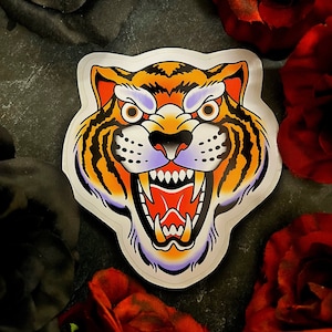 Custom Drawn Traditional Tattoo Style Tiger Vinyl Sticker