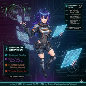 May include: Digital illustration of a female anime-style character in a futuristic outfit, holding glowing blue panels. The image includes text about OBS Studio setup and multi-color interaction options, with color names like Cyberpunk Cyan Blue and Neon Purple.