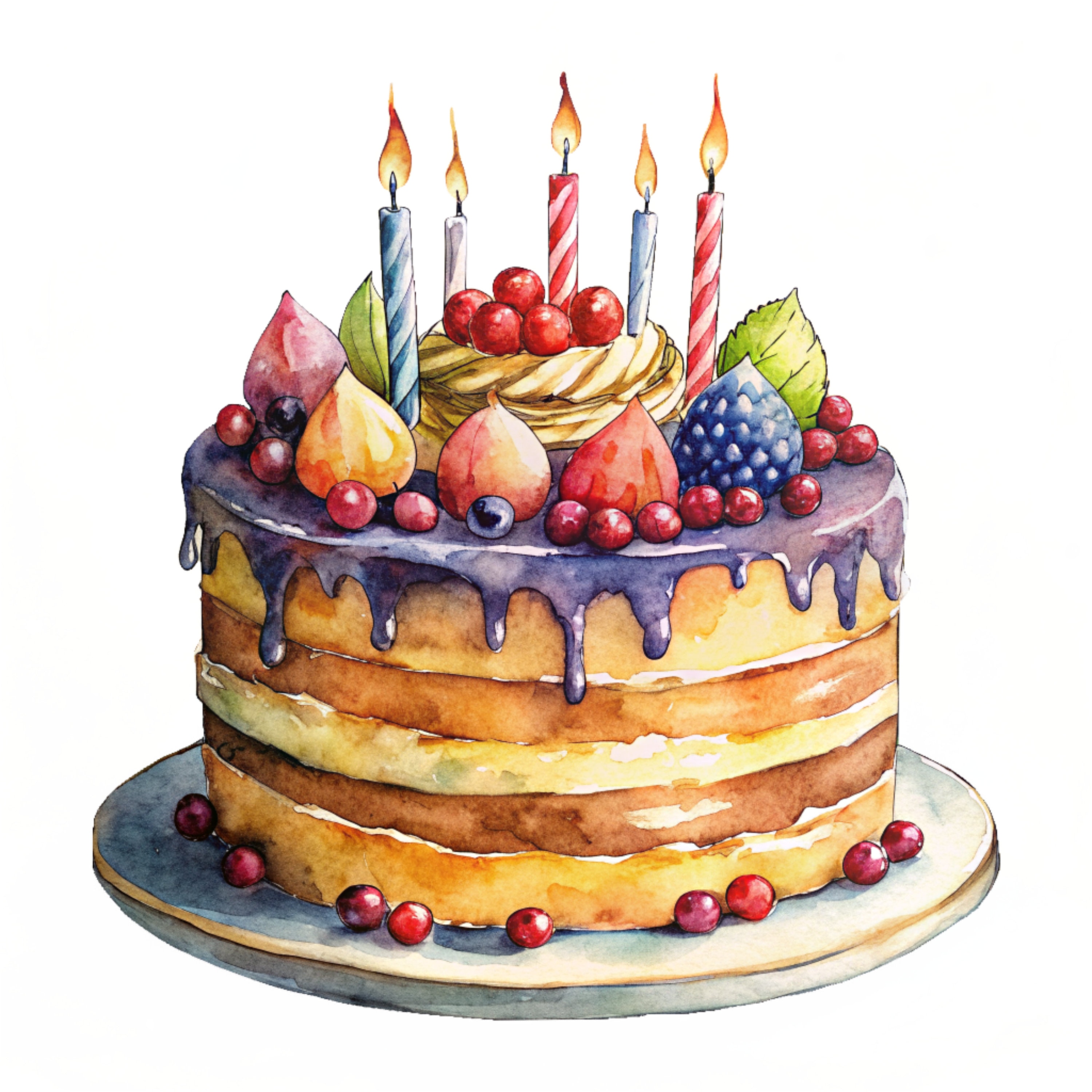 Watercolor Birthday Cake Clipart: High-resolution PNG Graphics (digital ...