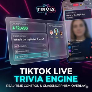 Interaktywny moduł quizów na żywo TikTok – bot do quizów w czasie rzeczywistym, nakładka Glassmorphism OBS (produkt cyfrowy)