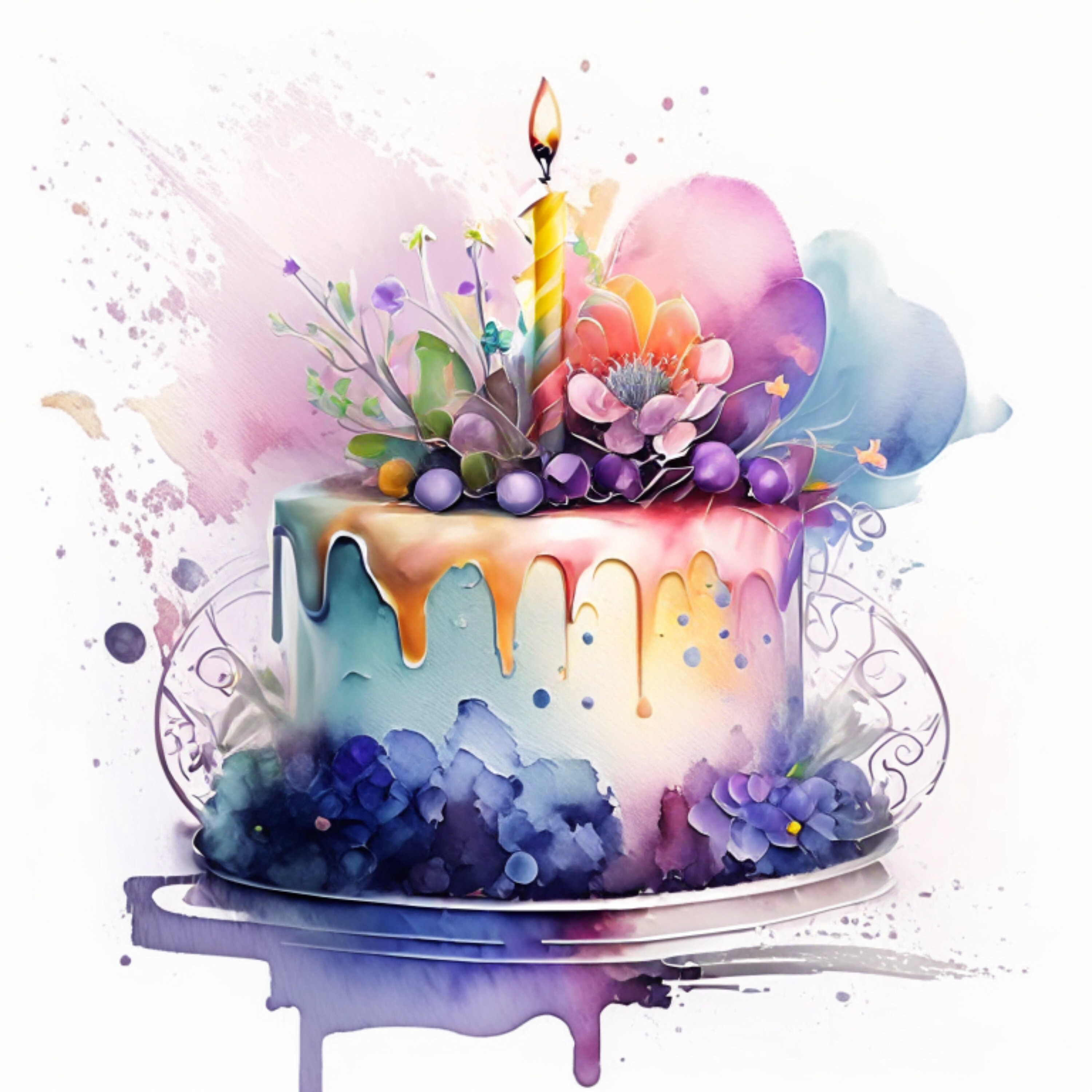 Watercolor Birthday Cake Clipart: High-resolution PNG Graphics (digital ...