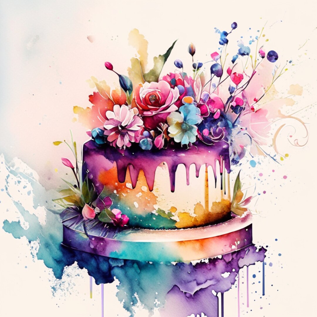 Watercolor Birthday Cake Clipart: High-resolution PNG Graphics (digital ...