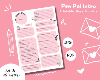 Pen Pal Intro Questionnaire | Snail Mail | Happy Mail | Printable | Digital Instant Download