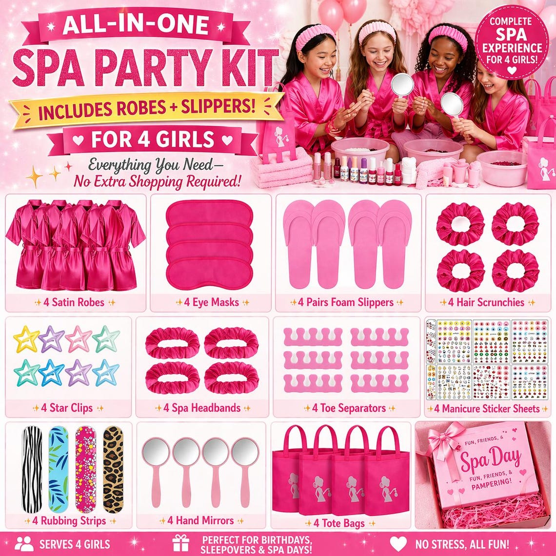 All-in-one Girls Spa Party Kit for 4 With Robes & Slippers | Sleepover ...