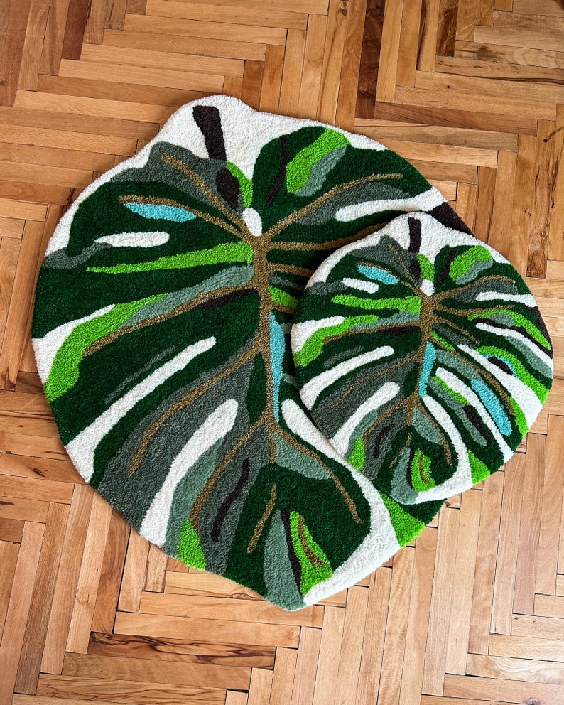 Monstera Leaf Tufted Rug: Handmade Wool Accent Carpet – Tropical Plant ...