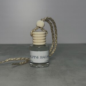 May include: A clear glass bottle with a white label that reads "Alpine Balsam" hanging from a brown string with a wooden bead.