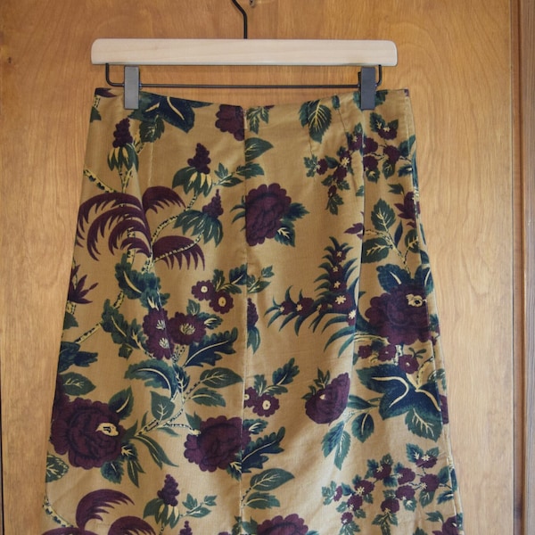 Vintage 1990s Bagatelle Light Brown/ British Khaki Corduroy and Burgundy Floral Above the Knee Skirt