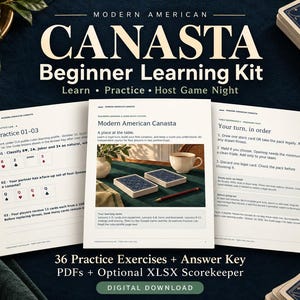 May include: A Modern American Canasta Beginner Learning Kit featuring three printed instructional pages with practice exercises, rules, and game night guides. The documents include text, card illustrations, and a central image of playing cards.