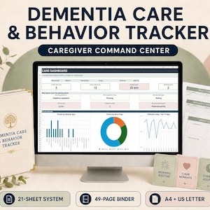 May include: A dementia care and behavior tracker system featuring a computer monitor displaying a care dashboard, a beige binder with a tree logo, and printed sheets. Includes a 21-sheet system, 49-page binder, and A4 plus US letter size options.