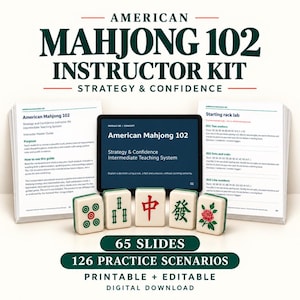 May include: An American Mahjong 102 instructor kit featuring a digital tablet displaying strategy and confidence teaching system, two open instructional guidebooks, and five mahjong tiles with various symbols, including 65 slides and 126 practice scenarios.