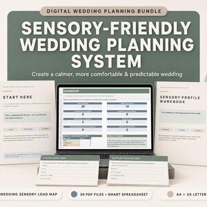 Könnte beinhalten: Ein digitales Hochzeitsplanungs-Set mit einem Laptop, der ein Dashboard anzeigt, zwei gedruckten Arbeitsbüchern mit den Titeln Start Here und Sensory Profile Workbook sowie zwei Karten namens Couple Reset Card und Support Person Card in Grüntönen.