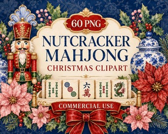 Pacchetto di clipart natalizie a tema Schiaccianoci e Mahjong, 60 immagini PNG ad acquerello, design natalizi in stile Chinoiserie, uso commerciale.