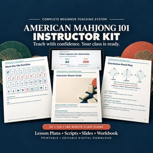 May include: American Mahjong 101 Instructor Kit featuring a digital tablet displaying suit relationships, a master guide, and two printed sheets titled Meet the tile families and Charleston Road Map. Includes 90, 120, and 180 minute class plans.