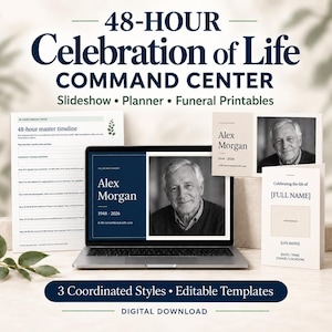 Op de afbeelding: Een digitale 48-uurs Celebration of Life command center kit met een laptop die een herdenkingsdiavoorstelling toont, een geprint master-tijdschema en gevouwen uitvaartprogramma-sjablonen met tijdelijke aanduidingen voor namen.