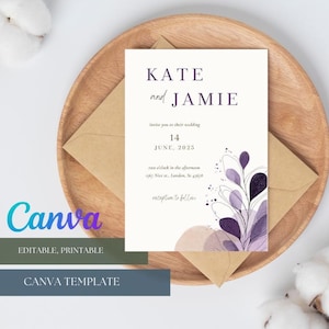 Editable Lavender Wedding Invitation Canva Template, Printable Boho Floral Purple Invite, Instant Download, DIY Wedding Card, Rustic Invite