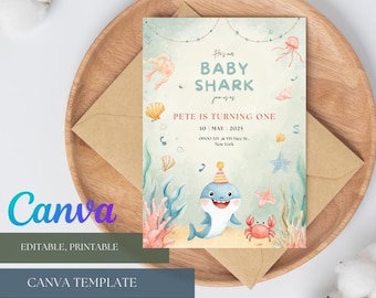 Invitación de cumpleaños de Baby Shark, plantilla de Canva para fiesta oceánica (descarga digital)