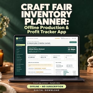 Peut inclure: Un écran d'ordinateur portable affichant l'application Craft Fair Inventory Planner avec un tableau de bord montrant des données financières, des heures de production et des alertes de stock. Le texte indique : Craft Fair Inventory Planner.